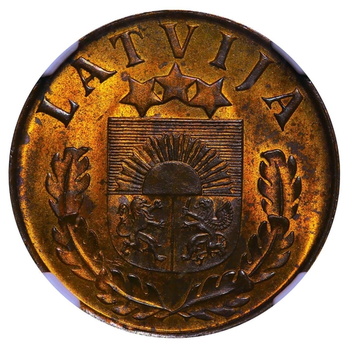 265 - Latvia, President Karlis Ulmanis (1936 - 1940), 2 santimi, 1939 year, Bronze, 2 gr, KM#11, In MS 63 ... 