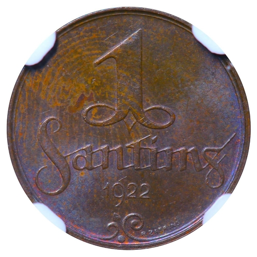 266 - Latvia, President Janis Chakste (1922 - 1927), 1 santims, 1922 year, Bronze, 1,6 gr, KM#1, NGC, In M... 