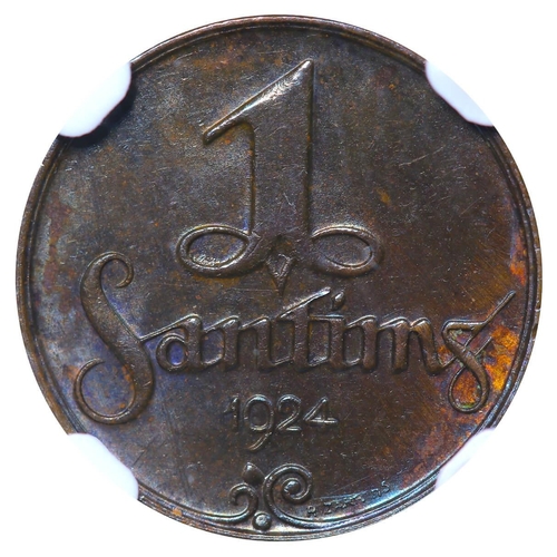 267 - Latvia, President Janis Chakste (1922 - 1927) 1 santims, 1924 year, Bronze, 1,8 gr, KM#1, NGC, In UN... 