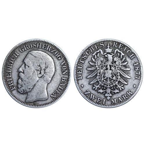 301 - Grand Duchy of Baden (Baden, German States), Frederick I (1856-1907), 2 marks, 1877 year, Silver, 11... 