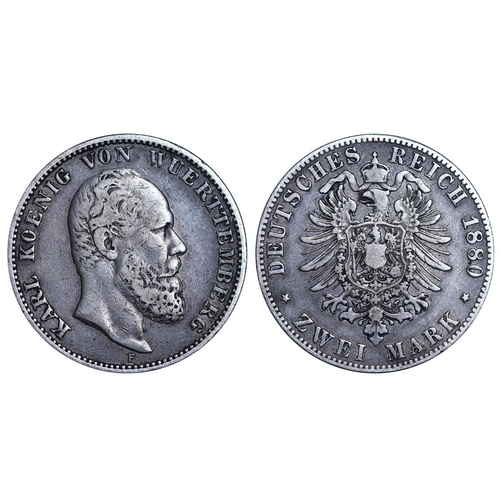 303 - Kingdom of WÃ¼rttemberg (German States), King Charles I (1864-1891), 2 marks, 1880 year, Silver, 11,... 