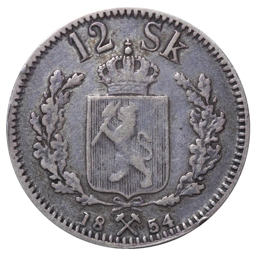 327 - Norway, King Oscar I (1844-1859), 12 skilling, 1854 year, Silver, 2,89 gr, KM#314.2, Mintage 301.000