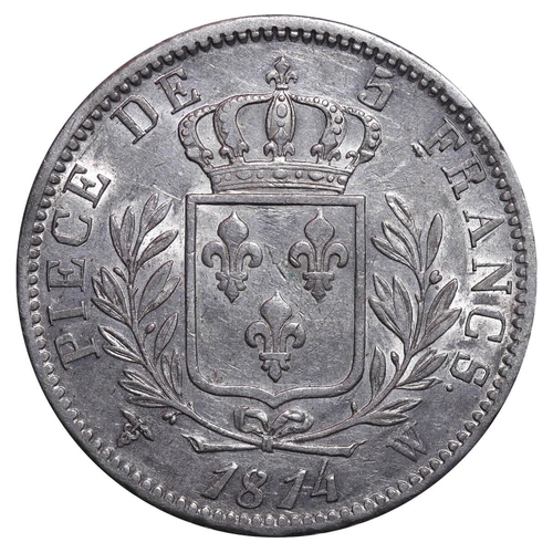 339 - France, King Louis XVIII (1814-1815, 1815-1824), 5 francs, 1814 year, Silver, 25 gr, GAD#591, Letter... 