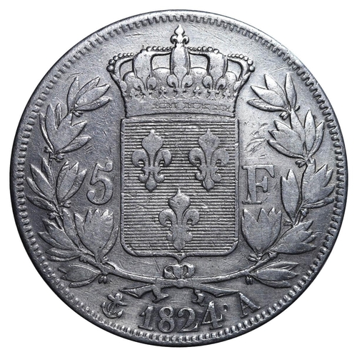 341 - France, King Louis XVIII (1814-1815, 1815-1824), 5 francs, 1824 year, Silver, 25 gr, GAD#614, LOUIS ... 