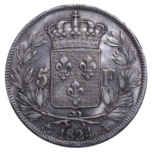 342 - France, King Louis XVIII (1814-1815, 1815-1824), 5 francs, 1824 year, Silver, 25 gr, GAD#614, LOUIS ... 