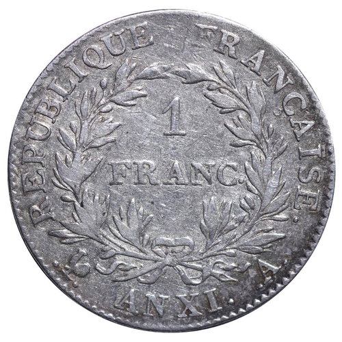 349 - France, Emperor Napoleon I (1804-1815), 1 frank, 1802 year, Silver, 5 gr, GAD#442, Lettering: BONAPA... 