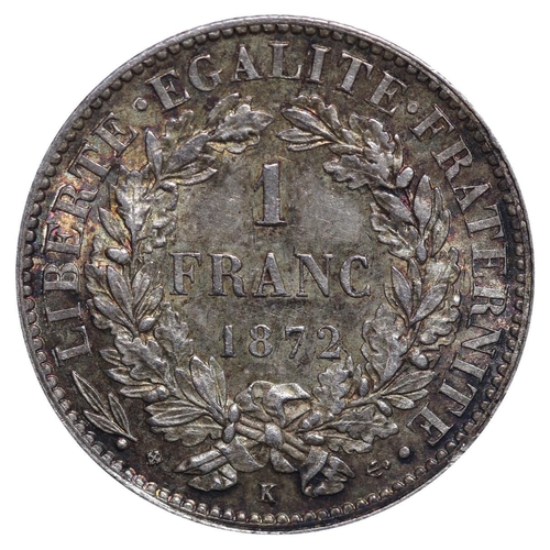 350 - France, Third Republic (1870-1940), 1 franc, 1872 year, Silver, 5 gr, GAD#465, Lettering: REPUBLIQUE... 