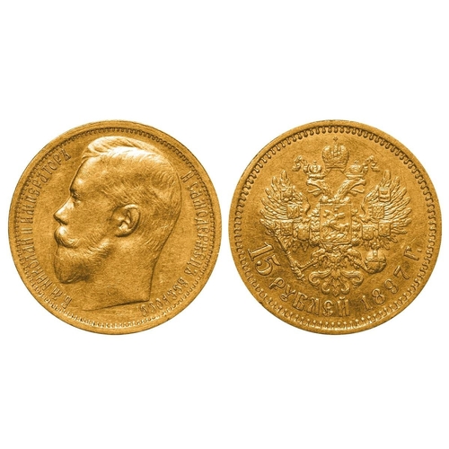 4 - Russian Empire, Emperor Nicholas II (1894-1917), 15 roubles, 1897 year, Gold, 12,9 gr, Y#65.1, bitki... 