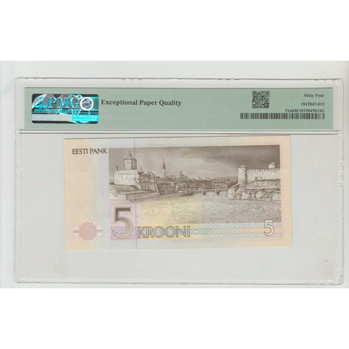 411 - Estonia, Bank of Estonia
Pick# 71a 1991 (ND 1992) 5 Krooni - Printer: TDLR S/N AM738306 - Wmk: Arms,... 