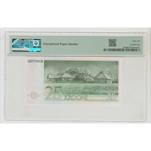 412 - Estonia, Bank of Estonia
Pick# 73b 1992 (ND 1994) 25 Krooni - Printer: TDLR S/N AX334743 - Wmk: Arms... 