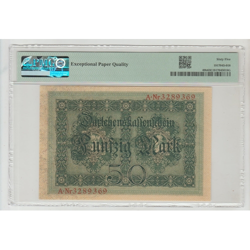 430 - Germany, State Loan Currency Note
Pick# 49b 1914 50 Mark S/N A3289369 - 7 Digit Serial Number, 65 Ge... 