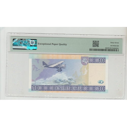 483 - Lithuania, Bank of Lithuania Pick# 65 2001 10 Litu - Printer: OFZ S/N AH5920282 - Wmk: Arms 