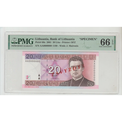 485a - Lithuania, Bank of Lithuania Pick# 66s 2001 20 Litu - Printer: OFZ
S/N AA0000000 1189 - Wmk: J. Mair... 