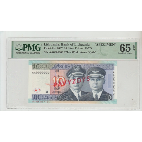 486a - Lithuania, Bank of Lithuania
Pick# 68s 2007 10 Litu - Printer: F-CO S/N AA0000000 0714 - Wmk: Arms 