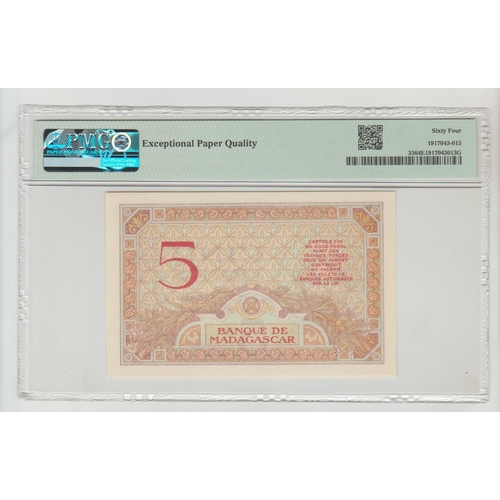 489 - Madagascar, Banque de Madagascar Pick# 35 ND (1937) 5 Francs S/N W.2933 233, 64 Choice Uncirculated