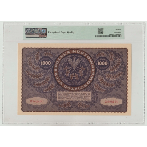 495 - Poland, State Loan Bank Pick# 29 CM#29a-i 1919 1000 Marek S/N 2BC 900974 - Wmk: Grid With Rounded Co... 