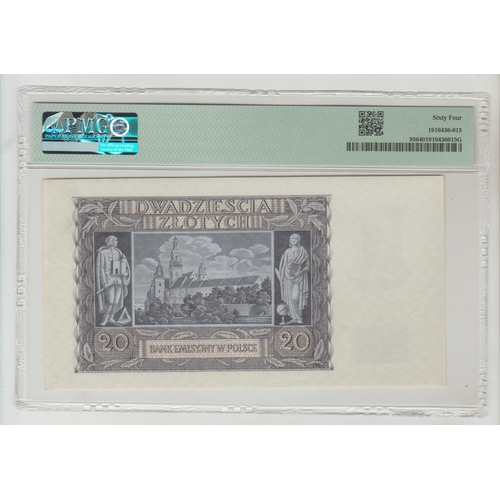 499 - Poland, Emission Bank Pick# 95 CM#95a-b 1940 20 Zlotych S/N K8779855 - Wmk: Zigzag Lines, 64
Choice ... 