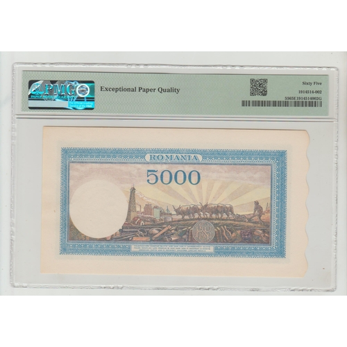 513 - Romania, Banca Nationala Pick# 55 1943-44 5000 Lei S/N J/1 0087142 - Wmk: Trajan, 65 Gem Uncirculate... 