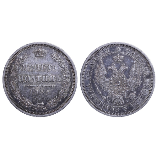 82 - Russian Empire, Emperors Nicholas I (1825-1855), Alexander II (1855-1881), 1 poltina, 1855 year, Sil... 