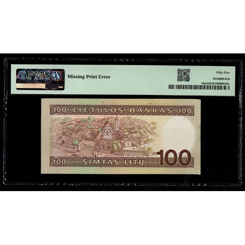 1019 - Lithuania, Bank of Lithuania Pick# 50a 1991 (ND 1993) 100 Litu - Printer: USBC
S/N AG1138988 - Wmk: ... 