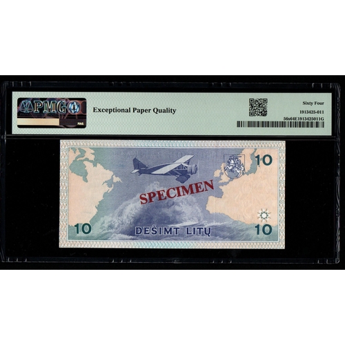 1044 - Lithuania, Bank of Lithuania Pick# 56s 1993 10 Litu - Printer: USBC S/N KAA0000000 399 - Wmk: Arms 