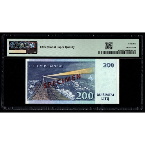 1051 - Lithuania, Bank of Lithuania Pick# 63as 1997 200 Litu - Printer: G&D S/N AA0000000 0800 - Wmk: V. Vy... 