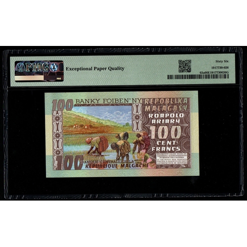 1058 - Madagascar, Banque Centrale
Pick#63a ND (1974) 100 Francs = 20 Ariary
S/N A/26 748263