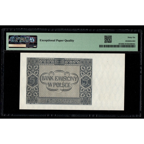 1105 - Poland, Emission Bank Pick# 101 CM#101a-b 1941 5 Zlotych S/N AE 8355688 - Wmk: Diamond Pattern 66 Ge... 