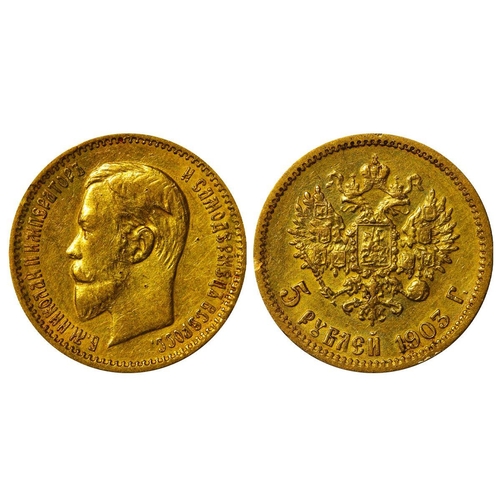 12 - Russian Empire, Emperor Nicholas II (1894-1917), 5 roubles, 1903 year, Gold, 4,3 gr, Y#62, bitkin 30