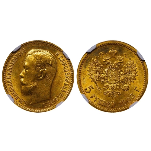 13 - Russian Empire, Emperor Nicholas II (1894-1917), 5 roubles, 1903 year, Gold, 4,3 gr, Y#62, bitkin 30... 