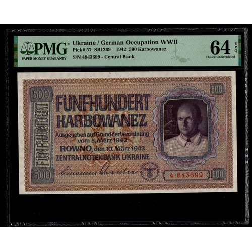 1398 - Ukraine / German Occupation WWII Pick# 57 SB1269 1942 500 Karbowanez S/N 4843699 - Central Bank 64 C... 