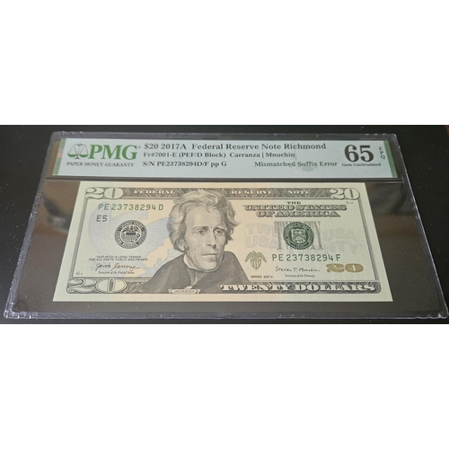 1399 - $20 2017A Federal Reserve Note Richmond Fr#7001-E (PEF/D Block) Carranza | Mnuchin S/N PE23738294D/F... 