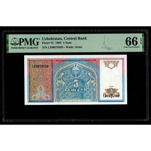 1403 - Uzbekistan, Central Bank Pick# 75 1994 5 Sum
S/N LD0075839 - Wmk: Arms 66 Gem Uncirculated