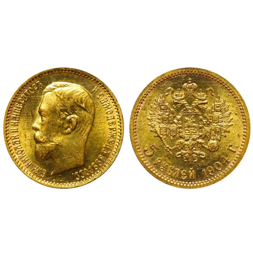 15 - Russian Empire, Emperor Nicholas II (1894-1917), 5 roubles, 1904 year, Gold, 4,3 gr, Y#62, bitkin 31