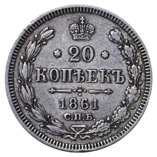 156 - Russian Empire, Emperor Alexander II (1855-1881), 20 kopecks, 1861 year, Silver, 4,08 gr, Y#22.2, bi... 