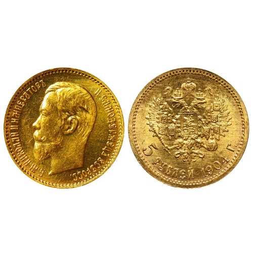 16 - Russian Empire, Emperor Nicholas II (1894-1917), 5 roubles, 1904 year, Gold, 4,3 gr, Y#62, bitkin 31