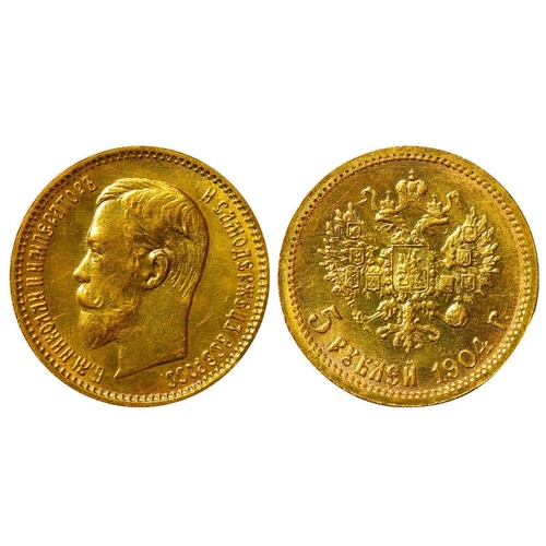 17 - Russian Empire, Emperor Nicholas II (1894-1917), 5 roubles, 1904 year, Gold, 4,3 gr, Y#62, bitkin 31