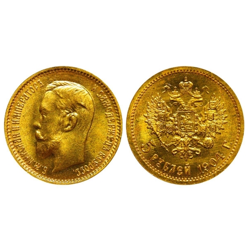 18 - Russian Empire, Emperor Nicholas II (1894-1917), 5 roubles, 1904 year, Gold, 4,3 gr, Y#62, bitkin 31