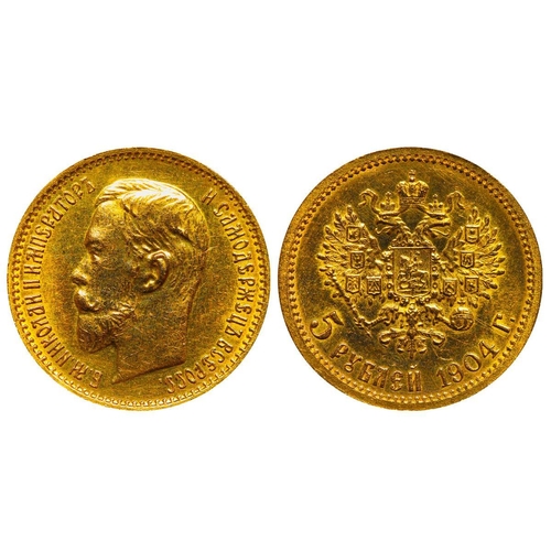 19 - Russian Empire, Emperor Nicholas II (1894-1917), 5 roubles, 1904 year, Gold, 4,3 gr, Y#62, bitkin 31