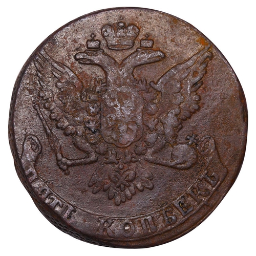 190 - Russian Empire, Empress Elizabeth (1741-1762), 5 kopecks, 1760 year, Copper, 51,19 gr, C#9.2, bitkin... 