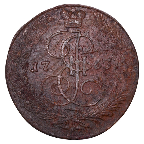 195 - Russian Empire, Empress Catherine II (1762-1796), 5 kopecks, 1763 year, Copper, 51,2 gr, C#59.3, bit... 