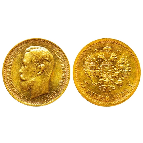 20 - Russian Empire, Emperor Nicholas II (1894-1917), 5 roubles, 1904 year, Gold, 4,3 gr, Y#62, bitkin 31