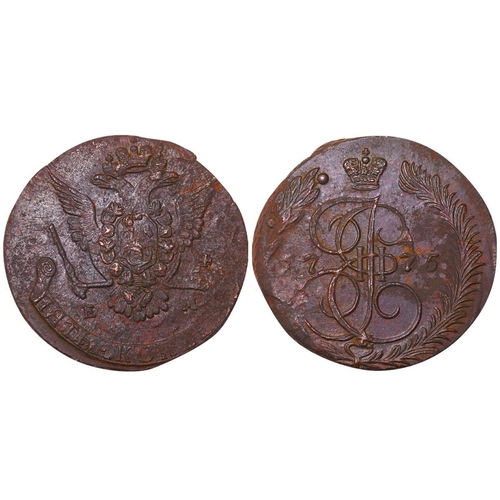 204 - Russian Empire, Empress Catherine II (1762-1796), 5 kopecks, 1775 year, Copper, 51,2 gr, C#59.3, bit... 