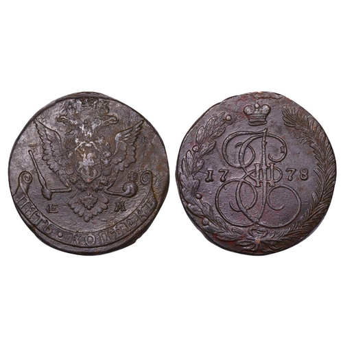 206 - Russian Empire, Empress Catherine II (1762-1796), 5 kopecks, 1778 year, Copper, 51,2 gr, C#59.3, bit... 