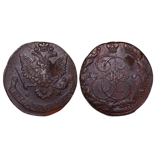 208 - Russian Empire, Empress Catherine II (1762-1796), 5 kopecks, 1780 year, Copper, 51.2 gr, C#59.3, bit... 