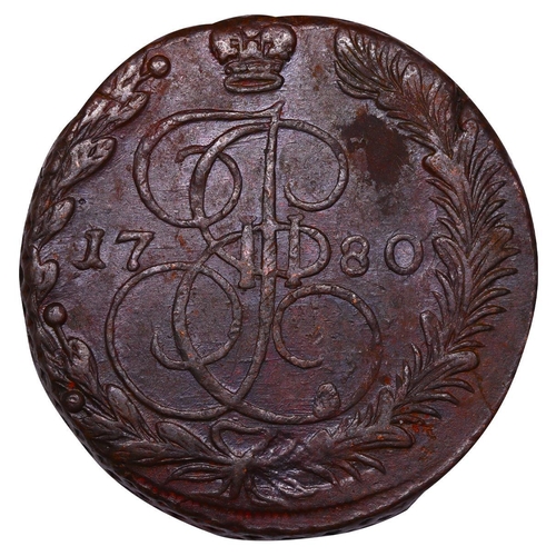 208 - Russian Empire, Empress Catherine II (1762-1796), 5 kopecks, 1780 year, Copper, 51.2 gr, C#59.3, bit... 