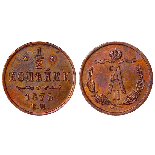 284 - Russian Empire, Emperor Alexander II (1855-1881), ½ kopeck, 1873 year, Copper, 1,64 gr, Y#8.1, bitki... 