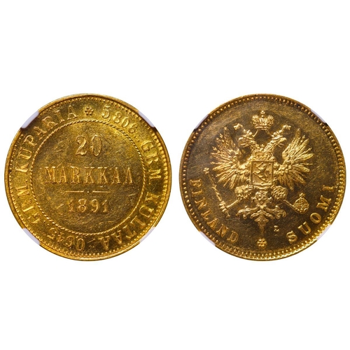 302 - Russian Empire, Emperor Alexander III (1881-1894), 20 markkaa, 1891 year, Gold, 6,45 gr, KM#9, bitki... 