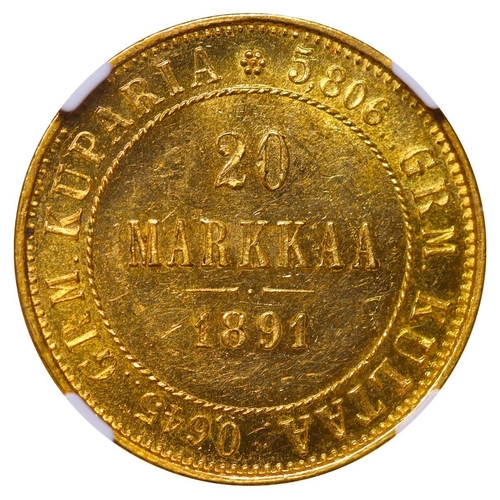 302 - Russian Empire, Emperor Alexander III (1881-1894), 20 markkaa, 1891 year, Gold, 6,45 gr, KM#9, bitki... 