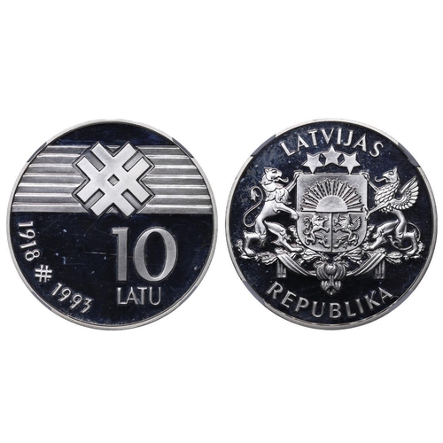 363 - Latvia, President Guntis Ulmanis (1993-1999), 10 lati, 1993 year, Silver, 25,175 gr, KM#19, 75th Ann... 